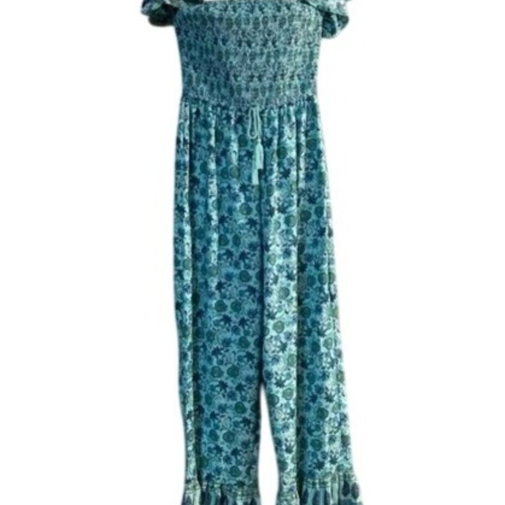 NWT B.O.G.‎ Collective Boho Bohemian Jumpsuit Romper Blue Paisley Print Large